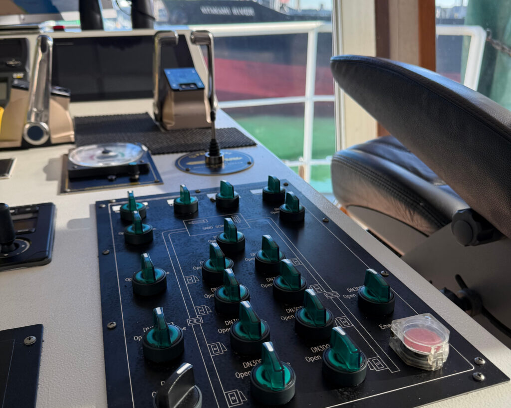 a control panel on a ship