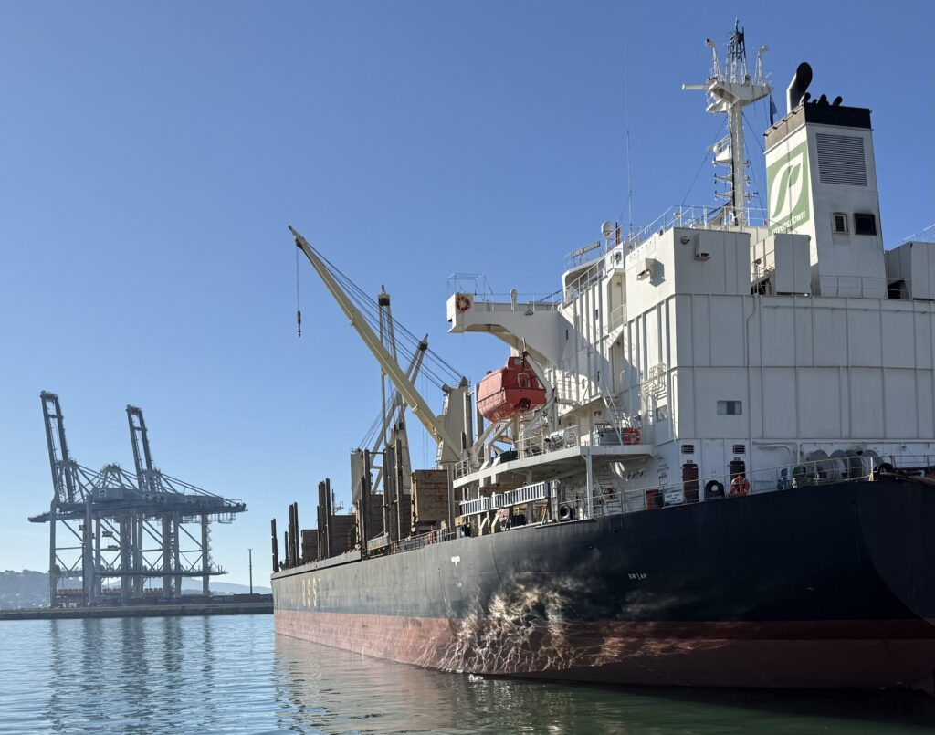 a large cargo ship at a port